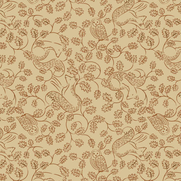 Patterned cotton with owls and foxes and leaves on a beige background