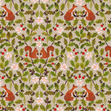 Patterned fabric with foxes, squirrels, oak leaves, and berries on a beige background