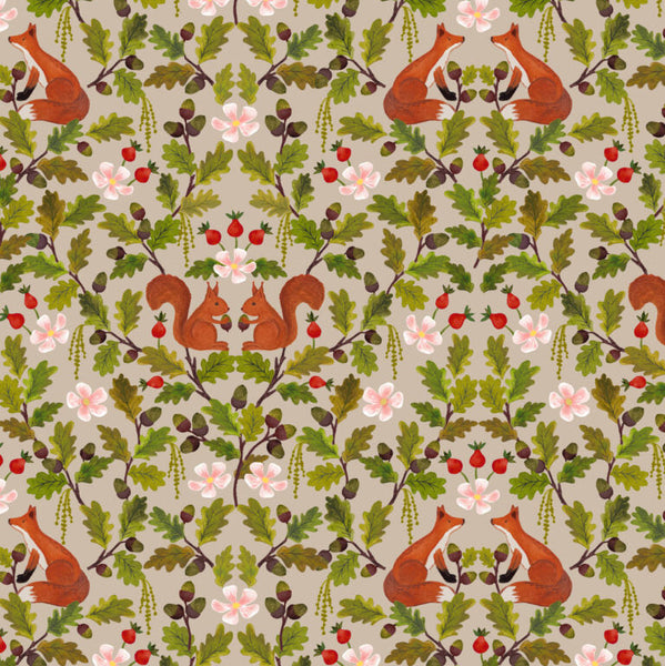 Patterned fabric with foxes, squirrels, oak leaves, and berries on a beige background