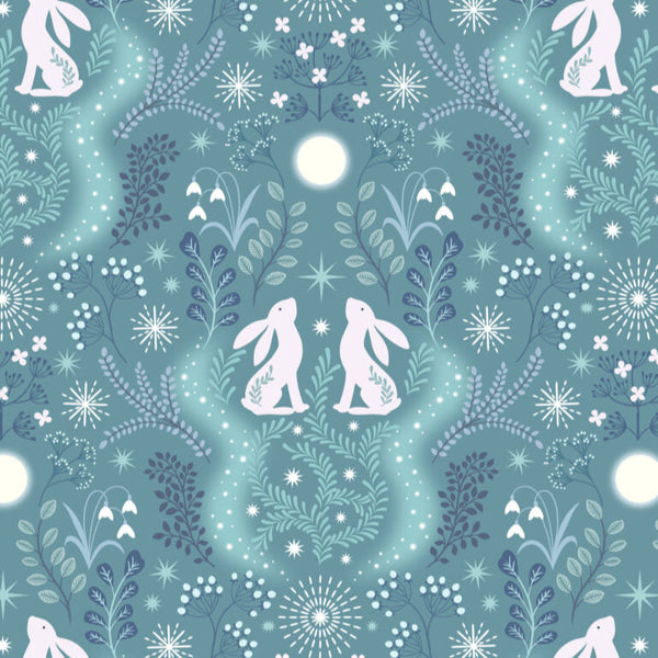 Pattern of white rabbits and floral elements on a teal background