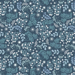Floral pattern with blue and white flowers on a dark blue background