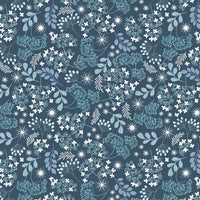 Floral pattern with blue and white flowers on a dark blue background