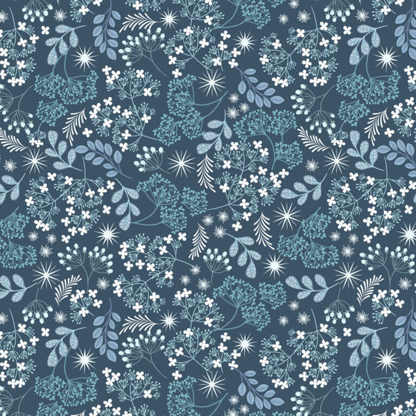 Floral pattern with blue and white flowers on a dark blue background