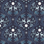 Pattern of deer, stars, and moons on a dark blue background