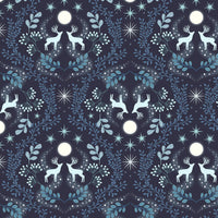 Pattern of deer, stars, and moons on a dark blue background