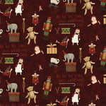 Patterned fabric with Christmas-themed illustrations on a cranberry background