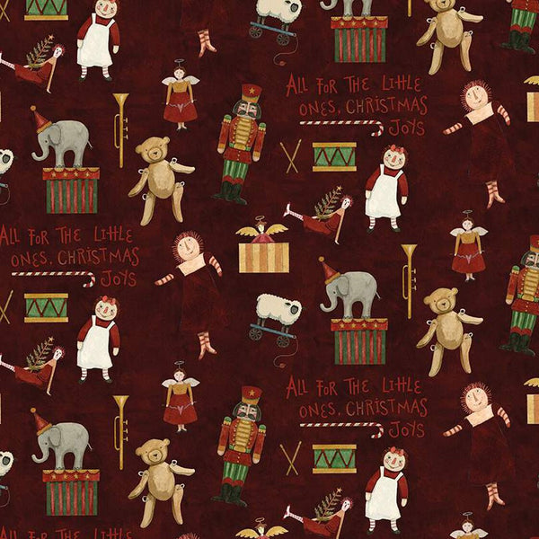 Patterned fabric with Christmas-themed illustrations on a cranberry background