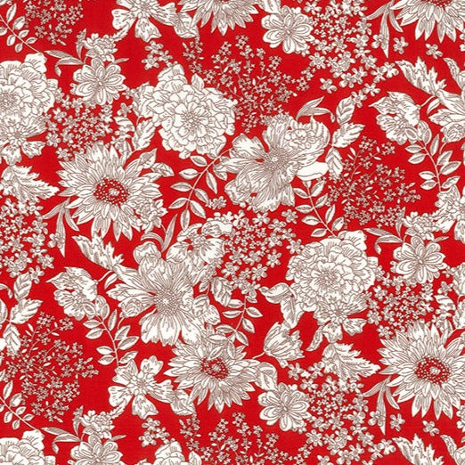 Toile floral print of black and white flowers on a rich red background.  Perfect smooth weight of 100% cotton for dressmaking or craft projects. Available to buy in half metre increments at Fabric Focus Edinburgh.