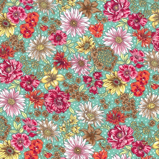 Shades of Pink and Yellow floral Asters on a lovely soft green background.. Perfect smooth weight of 100% cotton for dressmaking or craft projects. Available to buy in half metre increments at Fabric Focus Edinburgh.