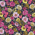 Shades of Pink and Yellow floral Asters on a deep navy background. Perfect smooth weight of 100% cotton for dressmaking or craft projects. Available to buy in half metre increments at Fabric Focus Edinburgh.