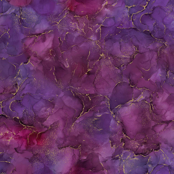 Beautiful bright marbled print with metallic detail throughout. This being purple colourway. Available to buy in quarter metre increments at Fabric Focus.