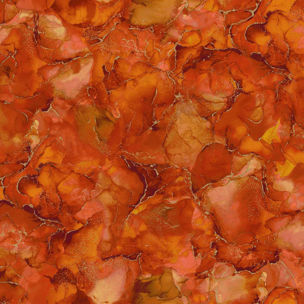 Beautiful bright marbled print with metallic detail throughout. This being orange colourway. Available to buy in quarter metre increments at Fabric Focus.