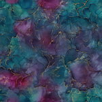Beautiful bright marbled print with metallic detail throughout. This being teal/plum colourway. Available to buy in quarter metre increments at Fabric Focus.