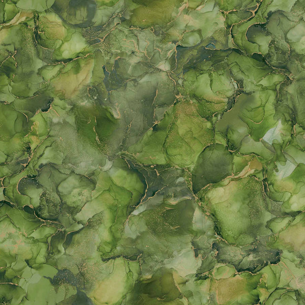 Beautiful bright marbled print with metallic detail throughout. This being olive colourway. Available to buy in quarter metre increments at Fabric Focus.