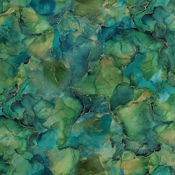 Beautiful bright marbled print with metallic detail throughout. This being shamrock colourway. Available to buy in quarter metre increments at Fabric Focus.