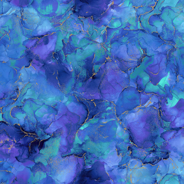 Beautiful bright marbled print with metallic detail throughout. This being pansy colourway. Available to buy in quarter metre increments at Fabric Focus.