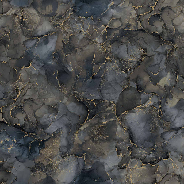 Beautiful bright marbled print with metallic detail throughout. This being the Charcoal colourway. Available to buy in quarter metre increments at Fabric Focus.
