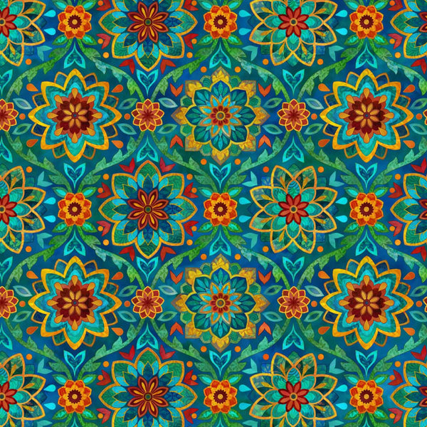 Boho Blooms blender from Deborah Edwards for Northcott fabrics of multi/blue floral medallions. Sold at Fabric Focus Edinburgh