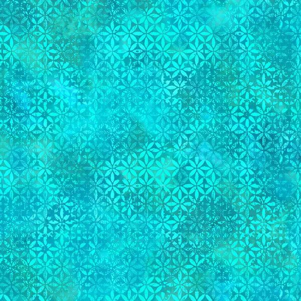 Boho Blooms blender from Deborah Edwards for Northcott fabrics of moroccan floral tile shapes in marbled turquoise shades. Sold at Fabric Focus Edinburgh