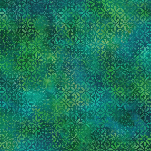 Boho Blooms blender from Deborah Edwards for Northcott fabrics of moroccan floral tile shapes in marbled green shades. Sold at Fabric Focus Edinburgh