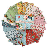 Collection of colorful floral fabric swatches arranged in a circular pattern.