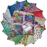 Collection of colorful fabric squares with a brand label on a white background