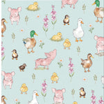 Printed cotton fabric, featuring cute, farmyard animals, this being the Farmyard Friends. Available to buy in quarter metre increments at Fabric Focus.