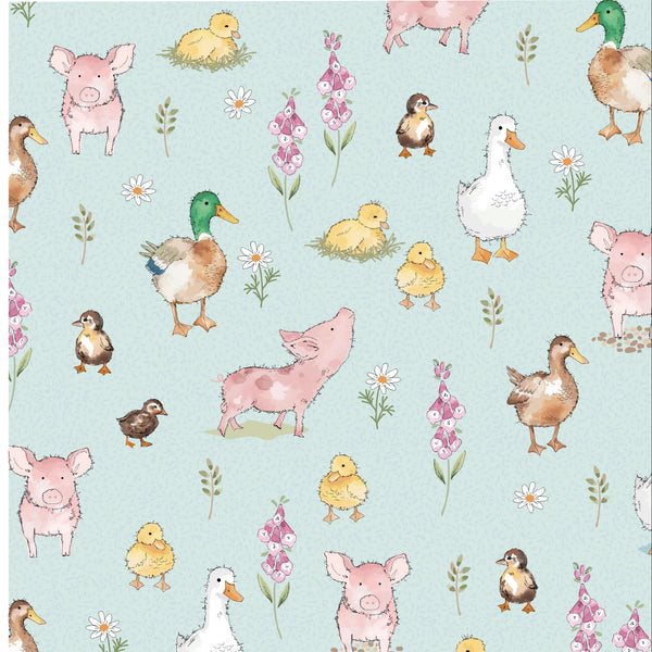 Printed cotton fabric, featuring cute, farmyard animals, this being the Farmyard Friends. Available to buy in quarter metre increments at Fabric Focus.