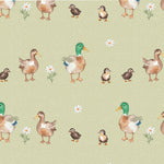 Printed cotton fabric, featuring cute, farmyard animals, this being the Mallard Family. Available to buy in quarter metre increments at Fabric Focus.