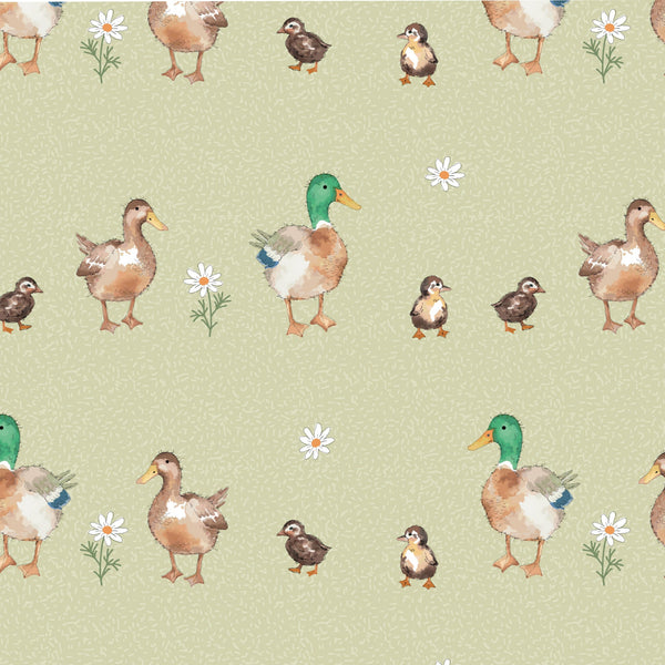 Printed cotton fabric, featuring cute, farmyard animals, this being the Mallard Family. Available to buy in quarter metre increments at Fabric Focus.