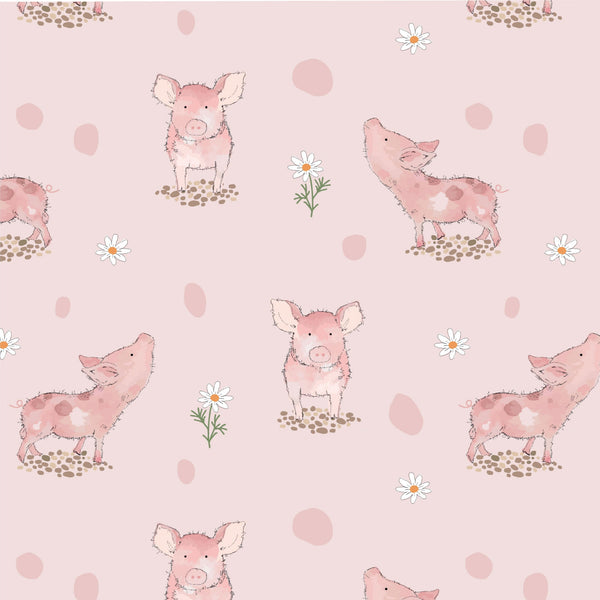 Printed cotton fabric, featuring cute, farmyard animals, this being Poppy the Pig. Available to buy in quarter metre increments at Fabric Focus.