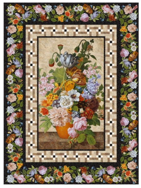 A wonderful floral panel with patchwork borders from Northcott fabrics using Stonehenge Gradations and the Covent Garden Collection of fabrics. Looks like an oil painting. Available at Fabric Focus Edinburgh.