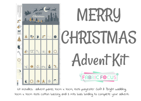 A vibrant advent quilt kit, Merry Christmas advent in grey includes everything - panel, binding, backing and wadding. Available at Fabric Focus Edinburgh.