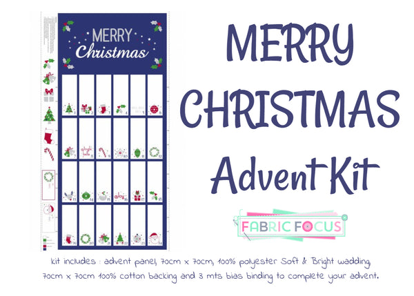 A vibrant advent quilt kit, Merry Christmas advent in navy includes everything - panel, binding, backing and wadding. Available at Fabric Focus Edinburgh.