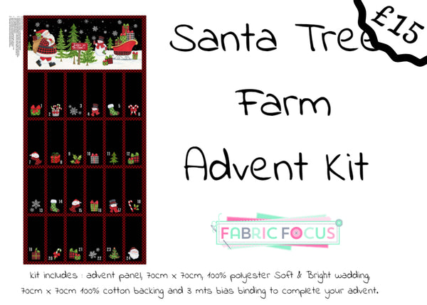 A vibrant advent quilt kit, Santa Tree Farm includes everything - panel, binding, backing and wadding. Available at Fabric Focus Edinburgh.