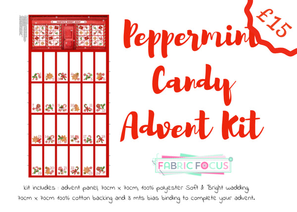 A vibrant advent quilt kit, Peppermint Candy includes everything - panel, binding, backing and wadding. Available at Fabric Focus Edinburgh.