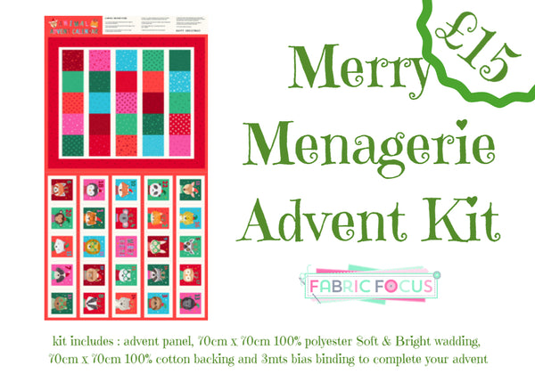 A vibrant advent quilt kit, Merry Menagerie includes everything - panel, binding, backing and wadding. Available at Fabric Focus Edinburgh.