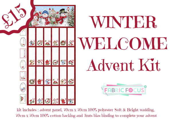 A vibrant advent quilt kit, snowmen Winter Welcome includes everything - panel, binding, backing and wadding. Available at Fabric Focus Edinburgh.