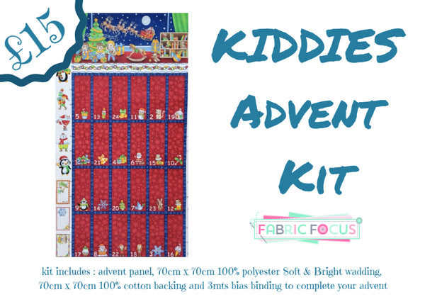 A vibrant advent quilt kit, Kiddies includes everything - panel, binding, backing and wadding. Available at Fabric Focus Edinburgh.