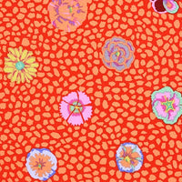 Colorful floral patterns on a red textured background