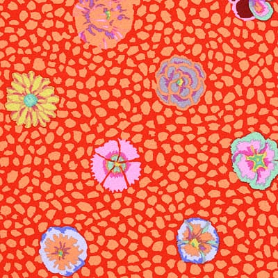 Colorful floral patterns on a red textured background