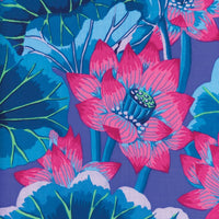 Colorful floral pattern with pink and blue flowers on a purple background