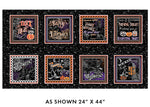 Set of Halloween-themed decorative panels on a black background with text and graphics.
