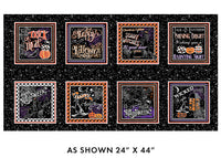 Set of Halloween-themed decorative panels on a black background with text and graphics.