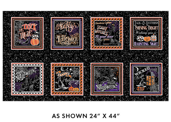 Set of Halloween-themed decorative panels on a black background with text and graphics.