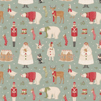 Christmas-themed pattern with animals and characters on a light green background