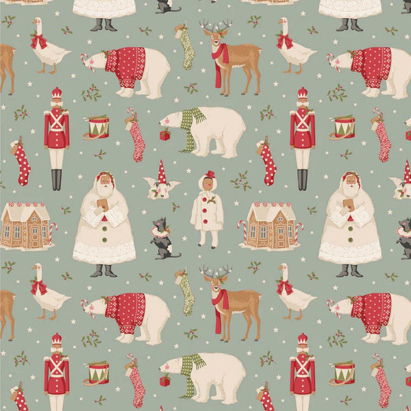 Christmas-themed pattern with animals and characters on a light green background