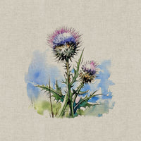 Stunning digital print on a polyester-cotton panama with 6 different Scottish Thistles in tones of purple and green. Available to buy as a panel at Fabric Focus Edinburgh.