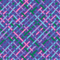 Colorful geometric pattern fabric with pink, green, and blue lines on a purple background.