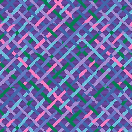 Colorful geometric pattern fabric with pink, green, and blue lines on a purple background.